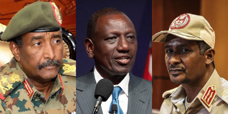From left: leader of Sudanese Armed Forces (SAF) Abdel Fattah al-Burhan , President William Ruto and Sudanese paramilitary commander Mohamed Hamad Dagali. PHOTO/Courtesy.