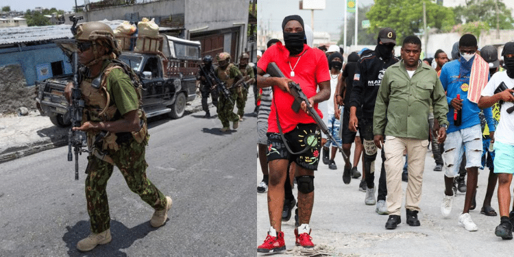 A photo collage of Kenya police in Haiti and Haiti gang leader and his team.