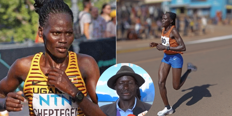 Ugandan athlete Rebecca Cheptegei and an inset of her father Joseph Sheptegei PHOTO/ World Athletics/ Screen grab