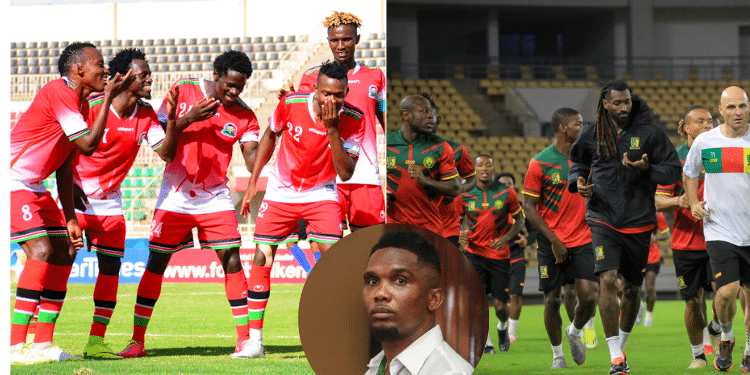 A side to side photo of Harambee Stars and Cameroon players and an inset of FECAFOOT President Samuel Eto'oo. Photo/ Harambee Stars /FECAFOOT