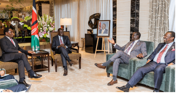 President Willaim Ruto, Raila Odinga and Prime CS Musalia Mudavadi meeting Zambia President Hakainde Hichilema. Photo/PCS