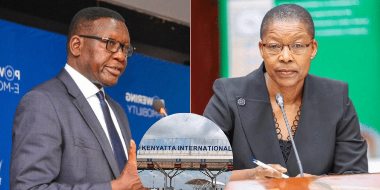 A side to side photo of Transport CS Davis CHirchirs and AG Dorcus Oduor abd an inst of JKIA. Photo/ Chirchir, Parliament of Kenya