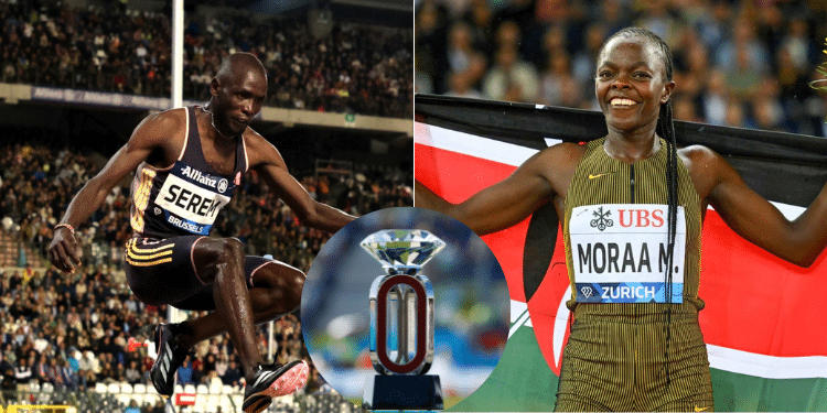 Mary Moraa and Amos Serem with an inset of Diamond Trophy. Photo/ World Atletics. Murkomen. Diamond League