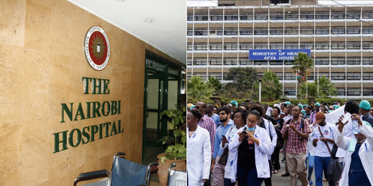 A photo collage of Nairobi Hospital entrance and healthcare workers during a previous strike. PHOTO/ File/ Recep Canik - Anadolu Agency.