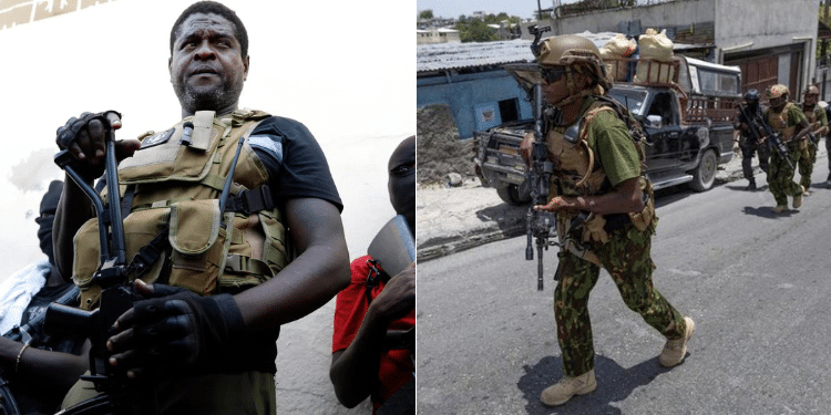 A photo collage of Kenya police officers patrols the streets of Haiti’s capital Port-au-Prince on June 28 abd Barbecue, the leader of the G9 gang, with his fellow gang members in Port-au-Prince. PHOTO/Handout/ Odelyn Joseph/AP.