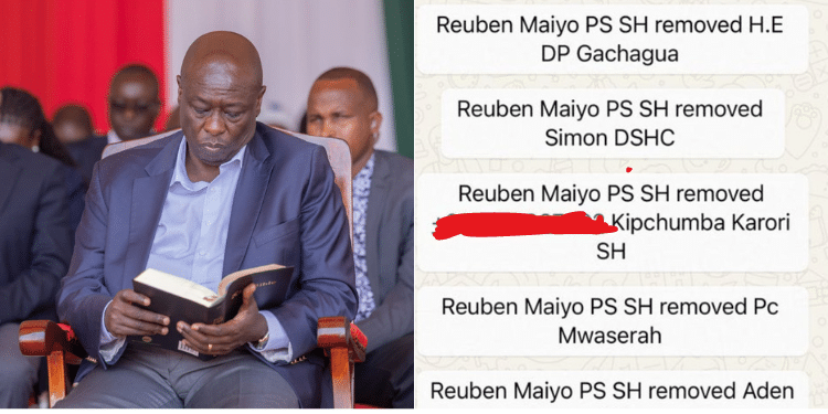 A photo collage of DP Rigathi Gachagua and the State House Diary WhatsApp group photo shared by Head of Presidential Special Projects & Creative Economy, Dennis Itumbi. PHOTO/DPPS/Itumbi X.