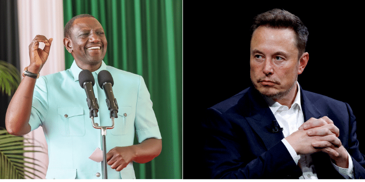 A collage of President William Ruto and Tesla founder Elon Musk.