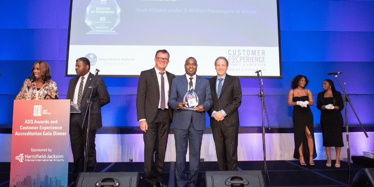 KAA Regional Airport Manager in charge of MIA & the Coast region, Abel Gogo, receiving the award. Photo/ KAA