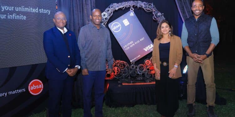 Absa Bank Kenya Consumer Banking Director Moses Muthui, MD Abdi Mohamed, Director Affluent Banking, Seema de Souza and Visa East Africa Vice President and General Manager Chad Pollock during the launch of Absa Visa Infinite Card, Kenya's first metallic card. Photo/ABSA