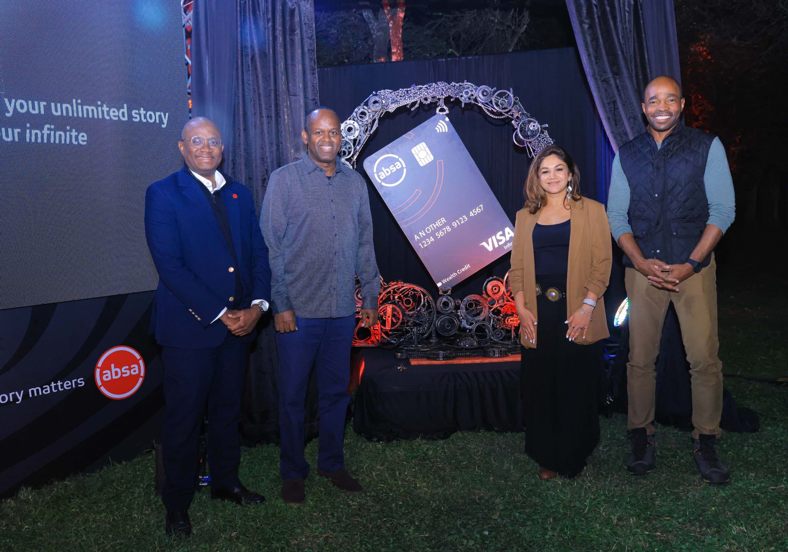 Absa Bank Kenya Consumer Banking Director Moses Muthui, MD Abdi Mohamed, Director Affluent Banking, Seema de Souza and Visa East Africa Vice President and General Manager Chad Pollock during the launch of Absa Visa Infinite Card, Kenya's first metallic card. Photo/ABSA