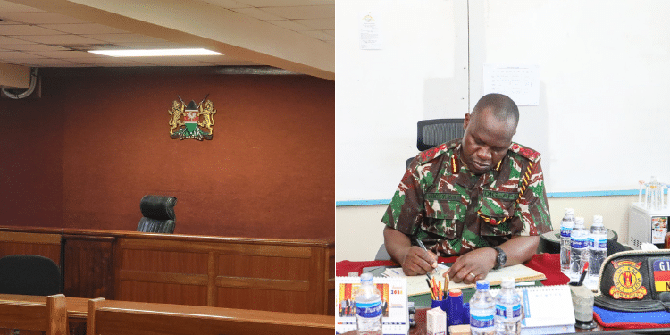 A collage of a court room in Kenyan and Acting Police IG Gilbert Masengeli. photos- Saddique Shaban and NPS