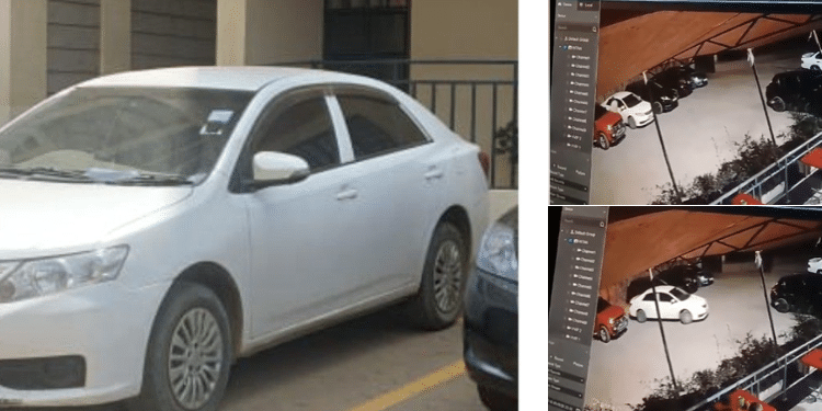 A collage of the saloon car stolen from a parking yard and scregrabs of a cctv footage showing the suspected thief in the act. photos/ Sikika