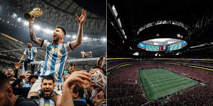 A photo collage of Argentina's forward Lionel Messi and former player Sergio Aguero celebrating winning the World Cup in 2022 (left) and an image of the Mercedes Stadium in Atlanta that will host world cup 2026 matches.