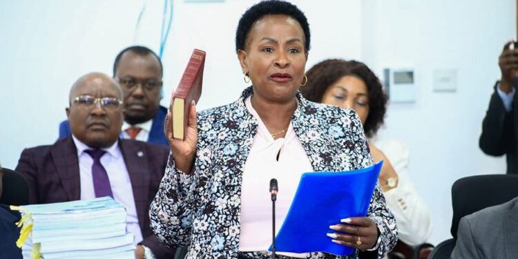 Machakos Governor Wavinya Ndeti while taking oath before Senate Committee. Phooto/ Wavinya