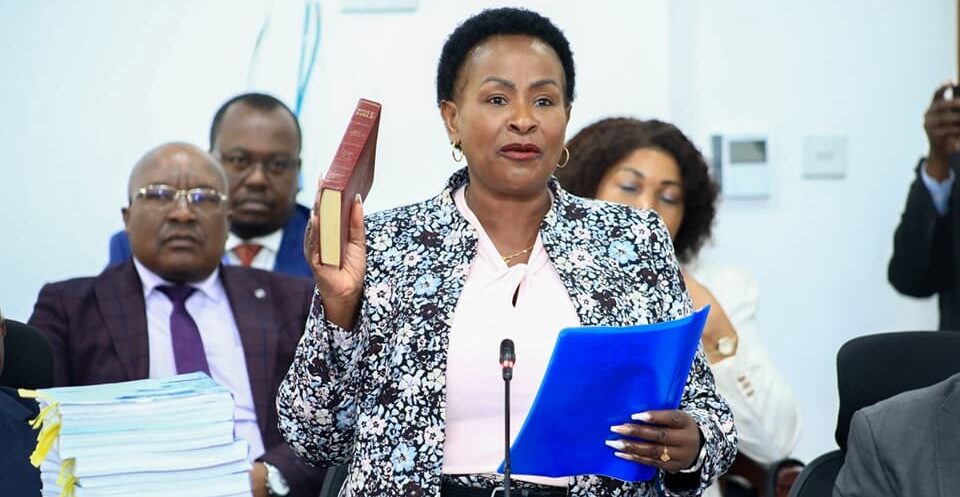 Machakos Governor Wavinya Ndeti while taking oath before Senate Committee. Phooto/ Wavinya