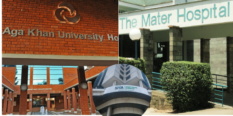 A collage of Aga Khan University Hospital and The Mater Hospital and an inset of SHA Headquarters. Photo/ Aga Khan, Mater, SHA