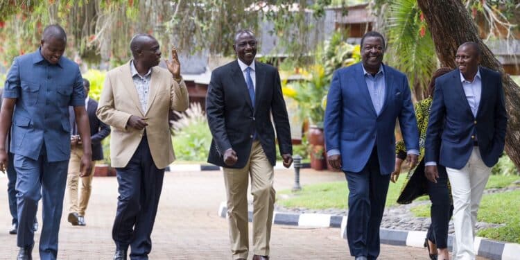 President William Ruto, DP Rigathi Gachagua, Ndindi Nyoro, Prime CS Musalia Mudavadi and National Majority Leader Kimani Ichung'wah at Sagana State Lodge in Nyeri County in May 2023. PHOTO/ PCS.