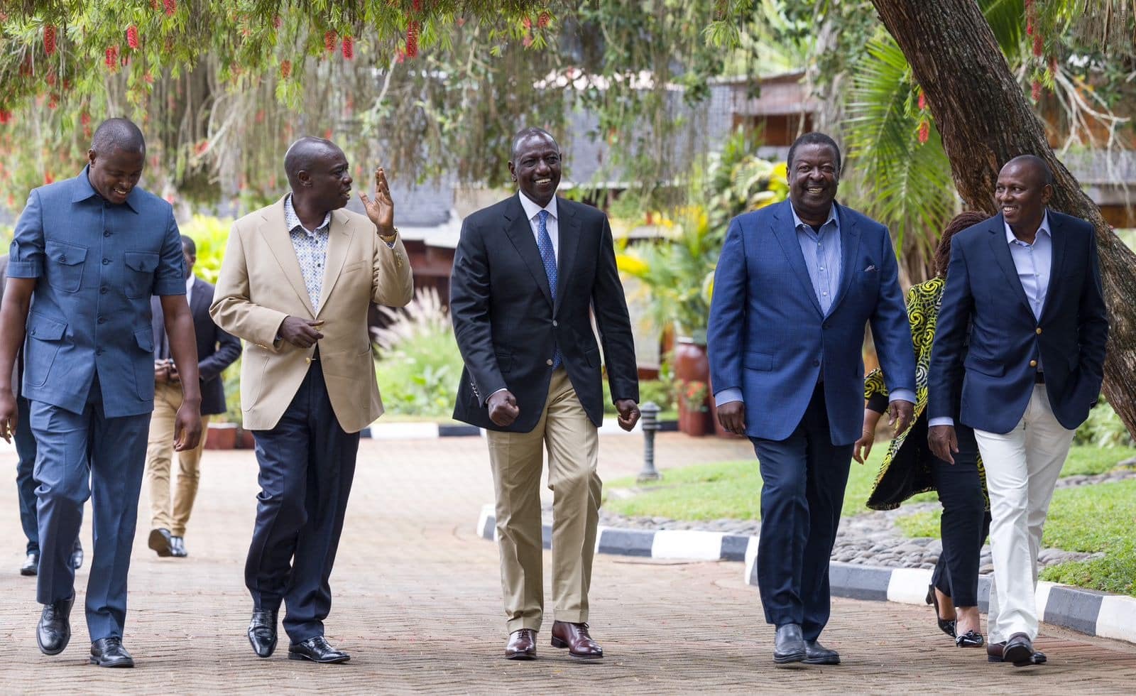 President William Ruto, DP Rigathi Gachagua, Ndindi Nyoro, Prime CS Musalia Mudavadi and National Majority Leader Kimani Ichung'wah at Sagana State Lodge in Nyeri County in May 2023. PHOTO/ PCS.