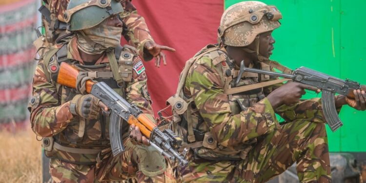 Kenya Defence Forces and the British Army Training Unit- Kenya (BATUK) troops during a specialised training exercise in Lolldaiga Ranch Laikipia County in June 2023. PHOTO/KDF.