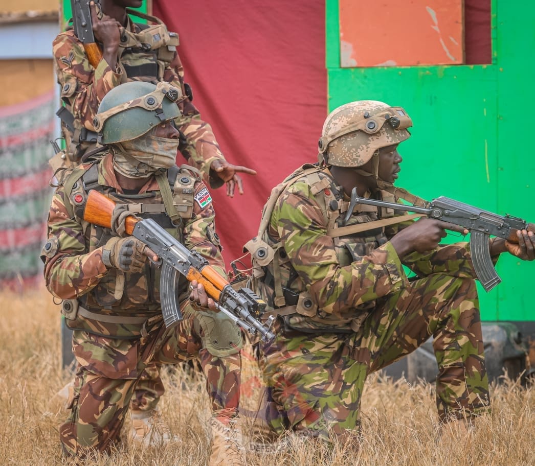 Kenya Defence Forces and the British Army Training Unit- Kenya (BATUK) troops during a specialised training exercise in Lolldaiga Ranch Laikipia County in June 2023. PHOTO/KDF.