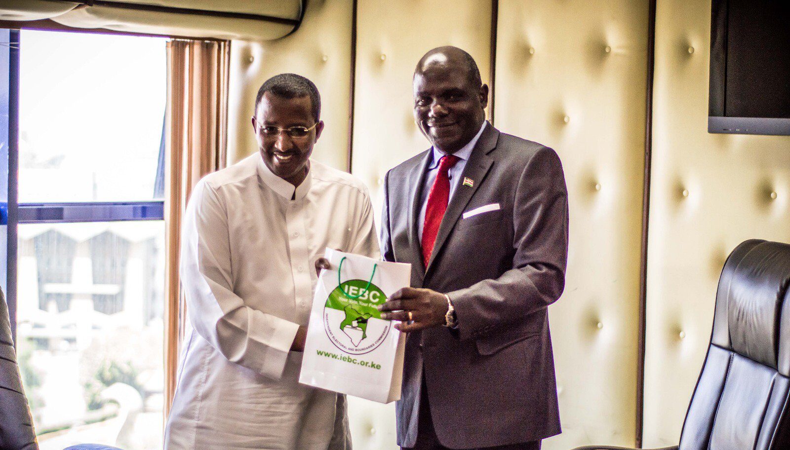 Former IEBC Chairmen Wafula Chebukati (Right) and Issack Hassan. PHOTO/IEBC.