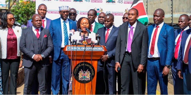 Kirinyanga Governor Anne Waiguru and other governors at a past press conference.
PHOTO/FILE