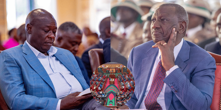 A photo collage President William Ruto and DP Rigathi Gachagua with a circle of a past parliament session. PHOTO/PCS/DPPS/Parliament.