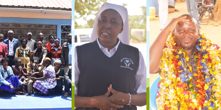 A collage showing Benard Kathumbi (left) Sister Mary Musambi overseer of Mercy Servants of the Poor Charitable Institution (middle) and the family while receiving their keen. Photo/KNH