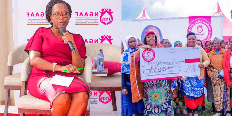 A collage of Hon Racheal Musyoki NGAAF Board Chair at a Women’s Economic Empowerment Summit during a past event (Left) with Hon Jane Kagiri during NGAAF Laikipia partnership with recently embodied this mission by distributing economic empowerment cheques. Photo/NGAAF