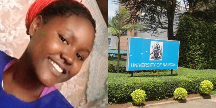 A photo collage of Mercy Kwamboka and UoN signage. PHOTO/ Screengrab/ UoN.