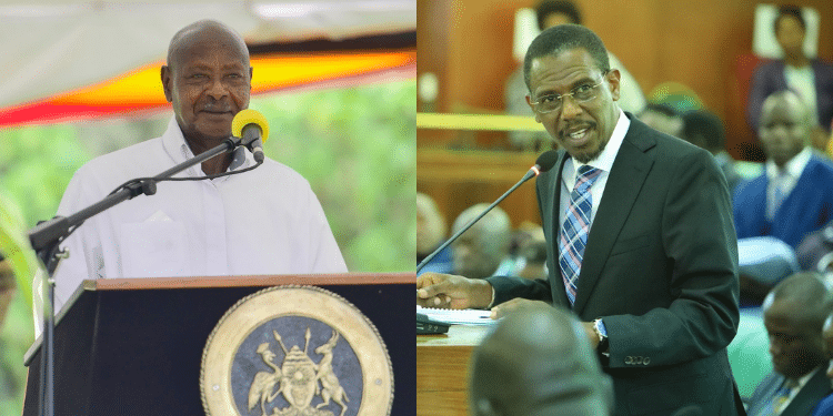 A photo collage of Uganda President Yoweri Museveni and Attorney General (AG) Kiryowa Kiwanuka Nsumikambi Mugambe. PHOTO/ Museveni X/ Mugambe X.