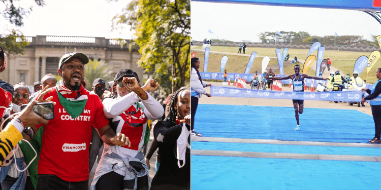 A collage of activist Boniface Mwangi in a past demonstration and a photo of the winner in 2023 Stanchart Marathon.