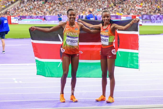 Olympics 5000M Silver And Gold Medalist Faith Kipyegon (L) And Beatrice Chebet. Photo/Pcs