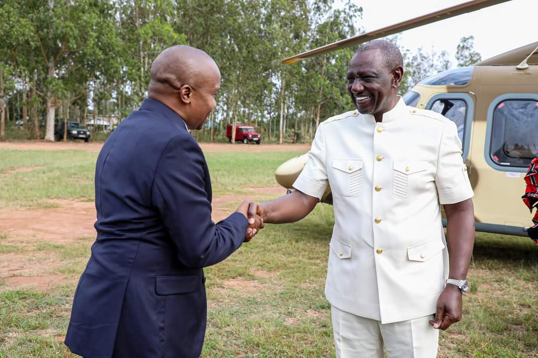 DP nominee Kithure Kindiki receives President William Ruto in Kwale. PHOTO/ Bianca X.