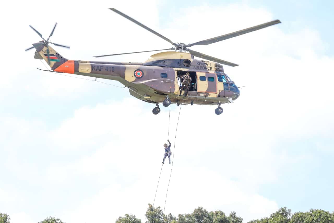 A Kenya Air Force aircraft during KAF@60 Celebration at Moi Air Base Stadium in, Eastleigh, Nairobi County on June 8, 2024. PHOTO/ KDF.