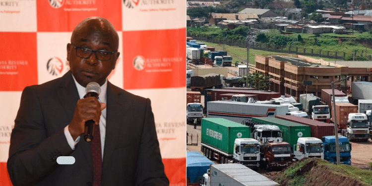 A collage of KRA Commissioner General Humphrey Wattanga (left) and a past photo of trucks waiting at the Busia border point. photos- KRA/KNA