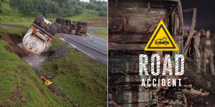 An overturned trailer along the Londiani-Muhoroni road and an accident alert road sign. PHOTO/ UGC. Kenya Red Cross