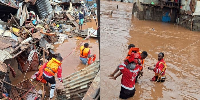 Kenya Red Cross Team Rescuing Trapped Flood Victims At Mathare 4A. Photo/Kenya Red Cross. Ifrc