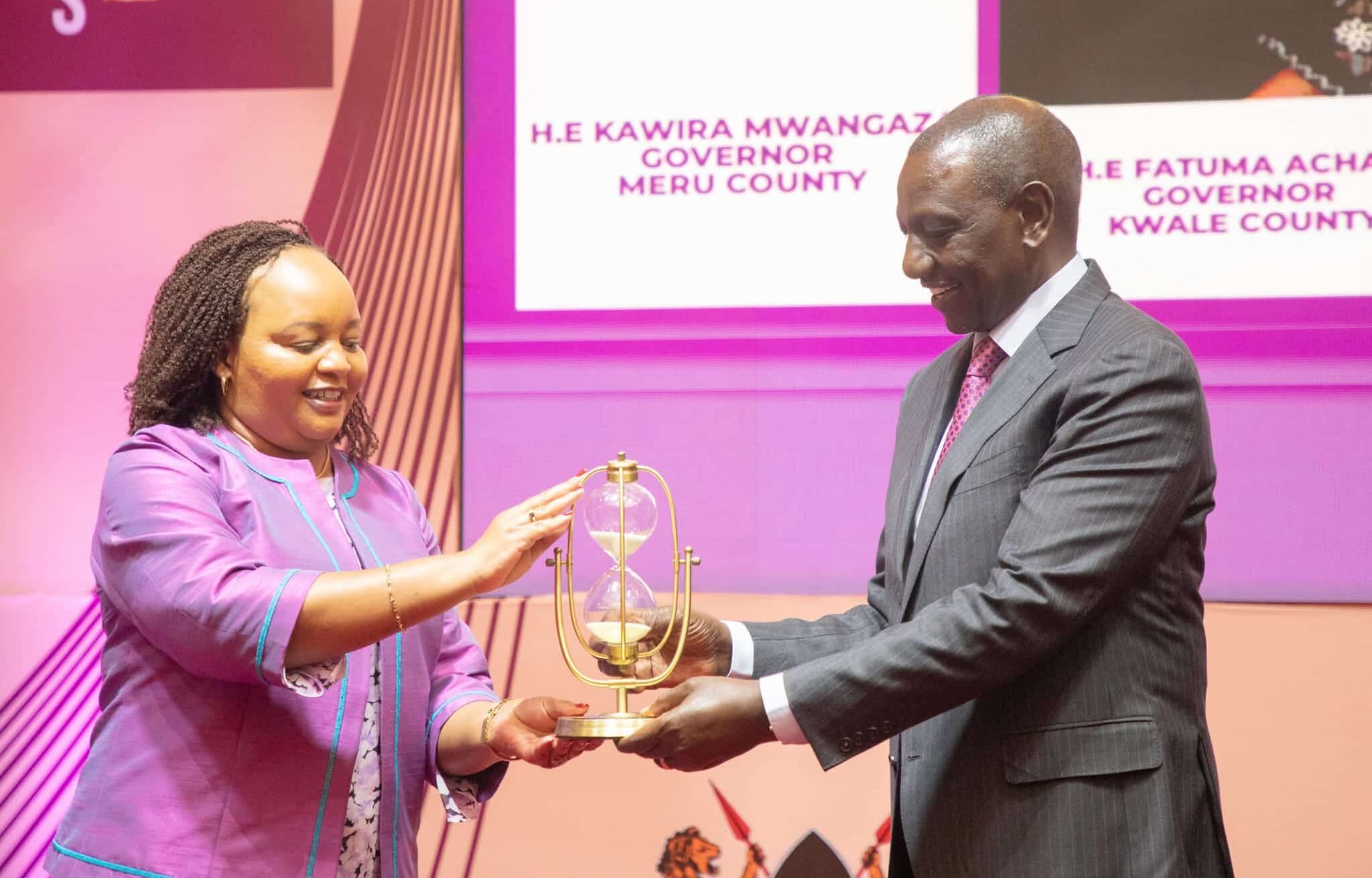President William Ruto and Kirinyaga Governor Anne Waiguru during women leaders’ caucus. PHOTO/PCS.