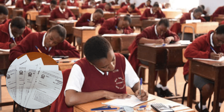 Candidates sitting for a past KCSE exam and an inset of KCSE papers. PHOTO/Facebook-Teaching Job Vacancies- Classroom Resources