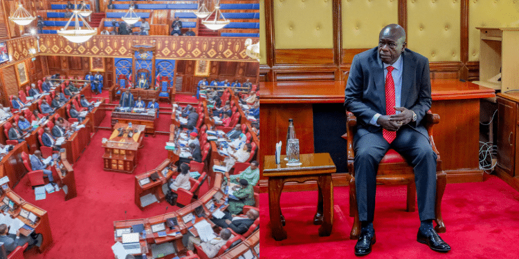 A side-by-side photo of DP Rigathi Gachagua at the Senate chambers and the House session on October 16, 2024. PHOTO/ Senate X.