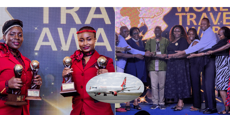 Photo collage of Kenya Airways and KAA staff after receiving the 2024 World Travel Awards. PHOTO/ Kenya Airways-KAA