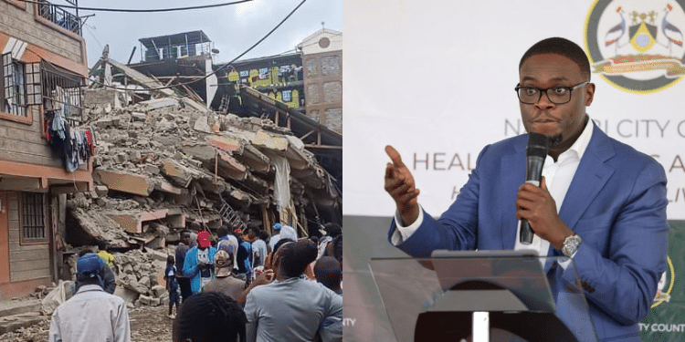 A photo collage of Nairobi Governor Johnson Sakaja and the collapsed 8-storey building in Kahawa West. PHOTO/ Toshman X/ Sakaja X.