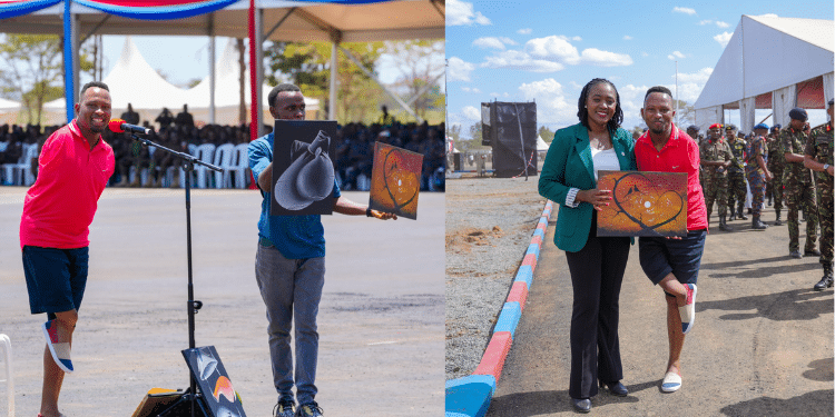A photo collage of artist Sammy Brayo performing at the KDF as his artistical works are displayed (left) and a photo of him with the CS for Kenya Defence Forces Soipan Tuya. Photo/ Tuya X