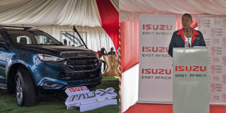 A collage of Isuzu MD, Rita Kavashe while giving welcoming remarks as she appreciated the 5 years of partnership with Eliud Kipchoge as the brand ambassador also an image displaying am Isuzu MU-X motor vehicle. Photo/Isuzu Kenya