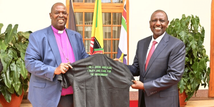 President William Ruto (right) and ACK Archbishop Jackson Ole Sapit pose for a photo after a meeting in March 2023 at State House. PHOTO/PCS.