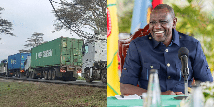A collage of Trucks on Nakuru-Nairobi Highway and President William Ruto. Photo/ NTV. PCS