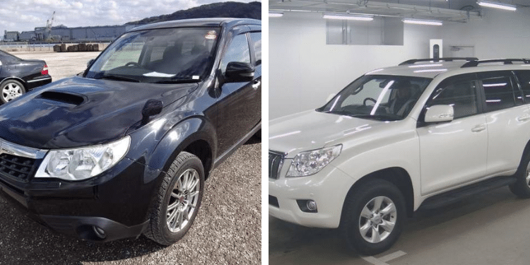 A photo collage of a Subaru forester (left) and Prado TRJ 150 TX-L ((right) advertisement made by SBT. Photo/SBT Japan