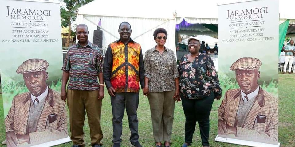 ODM leader Raila Odinga (second left) poses for a photo with his siblings Oburu Oginga (left), Dr. Wenwa Akinyi and Ruth Adhiambo Odinga at the Jaramogi Memorial Golf Tournament in Kisumu on January 30, 2021.