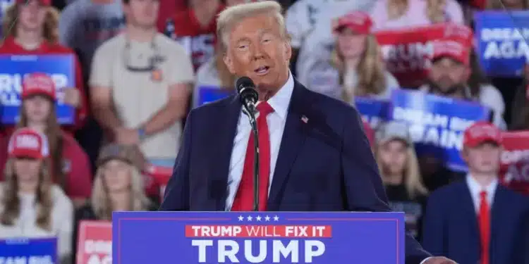 Republican presidential nominee and former President Donald Trump speaks during a campaign rally on November 4 at JS Dorton Arena, in Raleigh, North Carolina, the United States [Evan Vucci/AP]